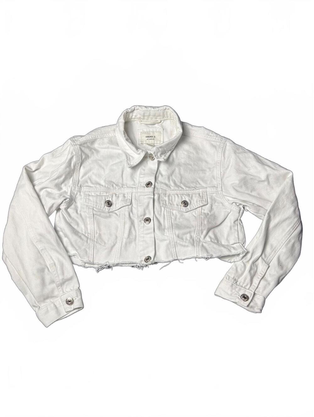 Forever 21 White Cropped Denim Jacket with Raw Hem